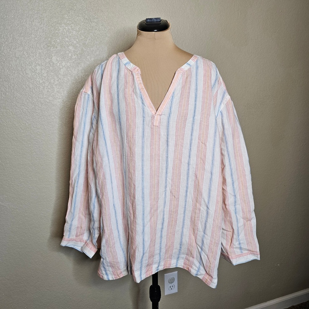 NWT LL Bean 3X Premium Washable 100% Linen Split Neck Shirt Sunrise Pink Stripe
